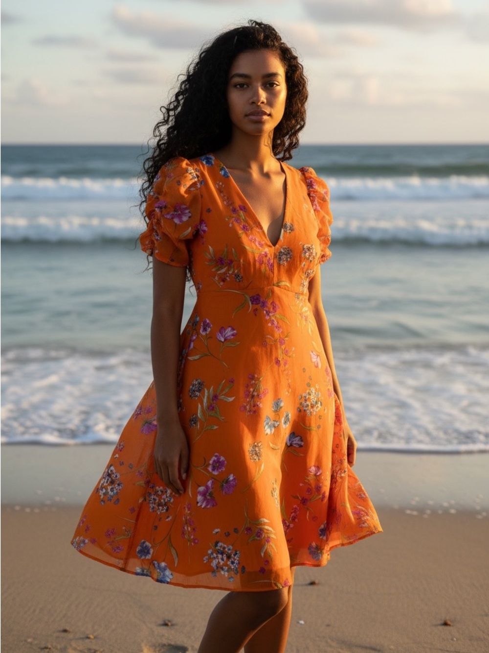 Calvin Klein Orange Floral V-Neck Midi Dress
